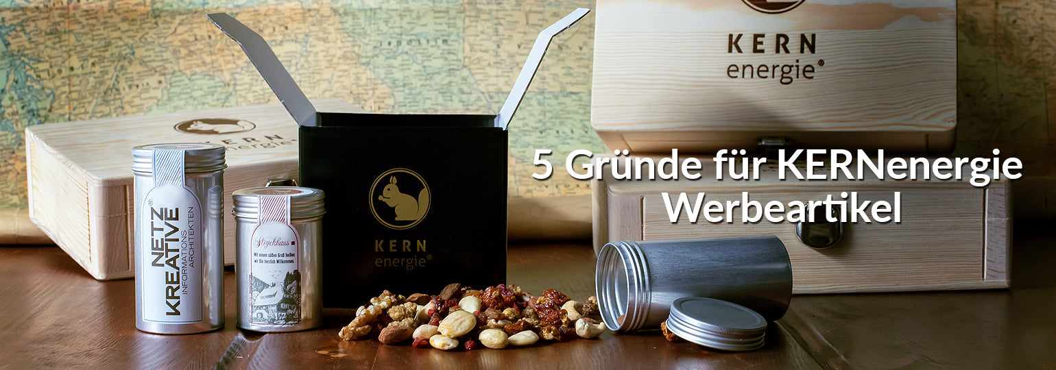 Werbeartikel: Personalisierbare Holzbox mit Logo, Aludose mit individuellem Etikett und edler Geschenkbox mit Nüssen – hochwertiges Firmengeschenk für Kunden und Mitarbeitende