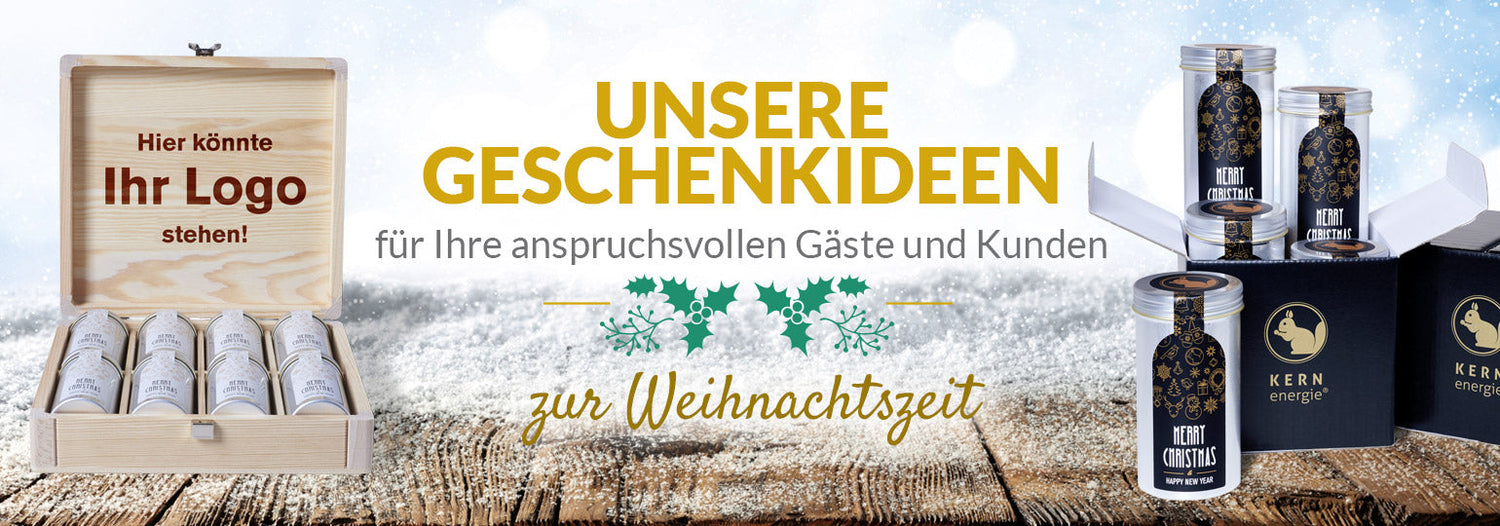 Geschenkideen zu Weihnachten - Holzbox mit Logo und Nussdosen, Geschenkset mit Nüssen