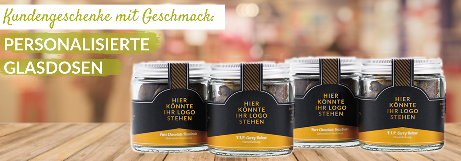 Personalisierte Glasdosen mit individuell gestaltbarem Etikett – stilvolle Verpackung für Nüsse, Snacks als Gastgeschenke im Hotel und Unternehmen