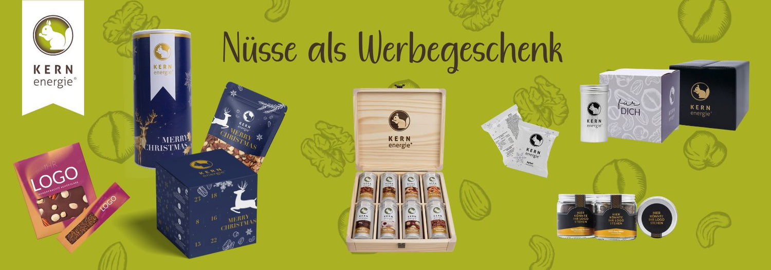 Nüsse als Werbegeschenk mit Logo – Holzbox, Flowpack, Glasdose, Geschenkkarton, Schokolade, Adventskalender, Standbodenbeutel, Pappdose - personalisierbar