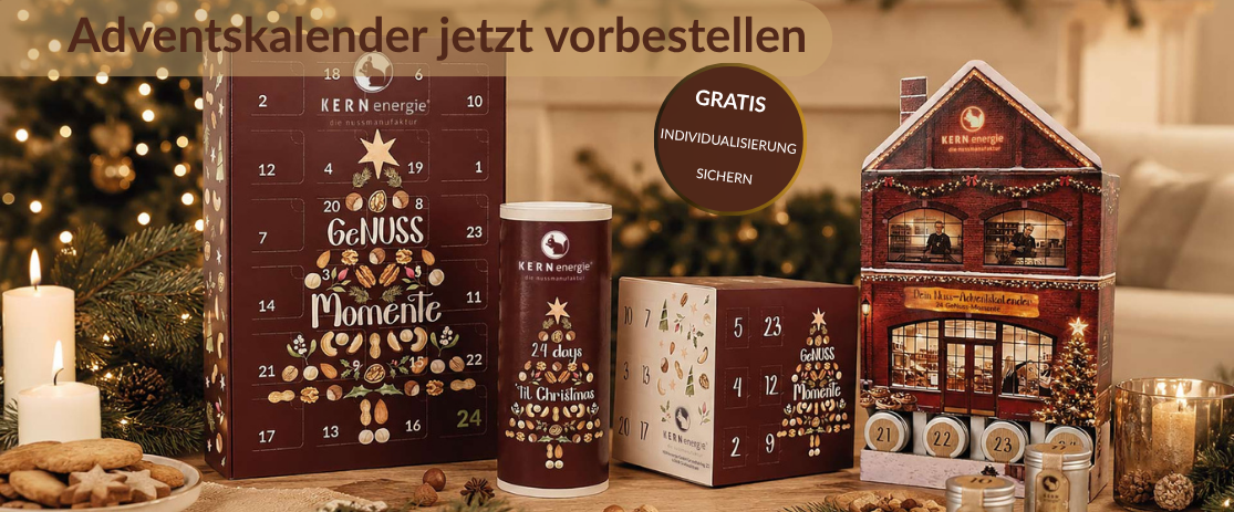 Auswahl hochwertiger Adventskalender mit Nüssen und schokolierten Produkten von KERNenergie – individuelle Gestaltung für Kunden- und Mitarbeitergeschenke