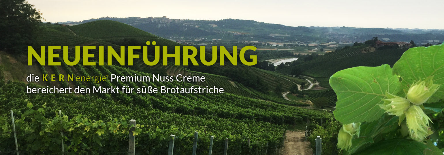 Neu: Piemont Haselnuss Creme mit Haselnüssen aus dem Piemont und Blick auf die italienische Haselnussplantage