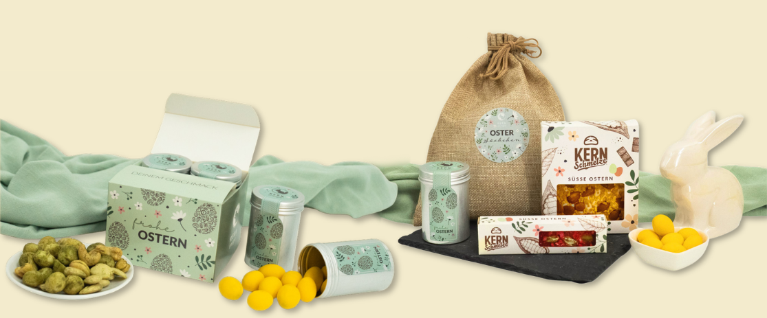 Firmengeschenke zu Ostern – hochwertige Werbegeschenke und Giveaways für Kunden und Mitarbeitende mit personalisierten Genussprodukten und stilvoller Geschenkbox im Osterdesign