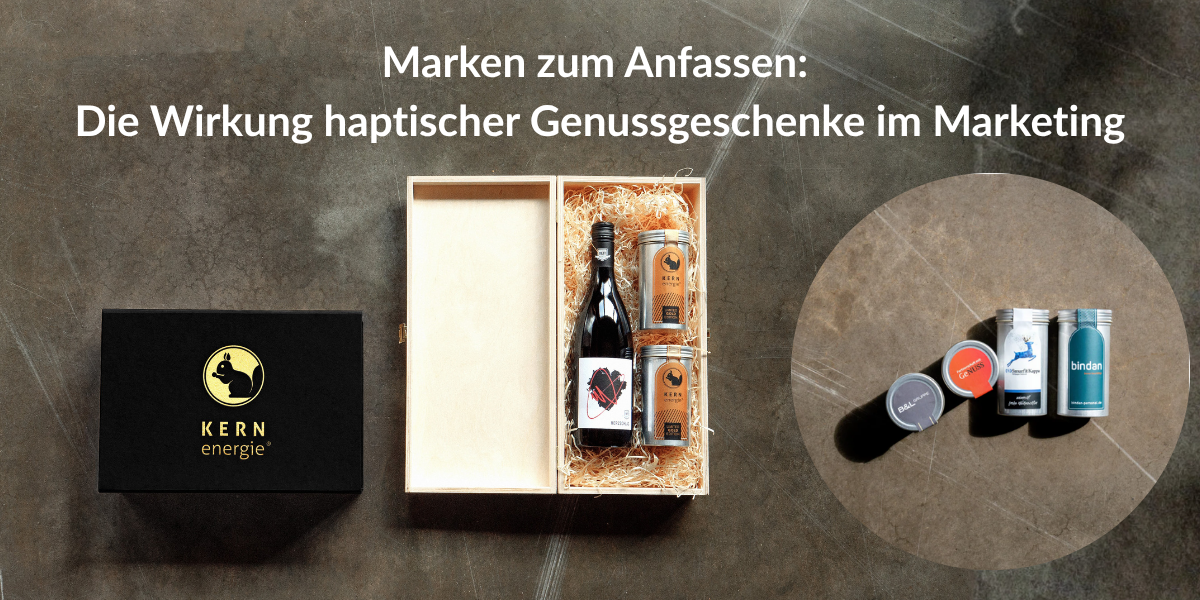 Hochwertige Geschenkboxen für B2B-Marketing: Magnetbox, Holzgeschenkbox mit Wein sowie individuell gebrandete Aludose mit Nüssen als Premium Give-away für Kunden und Geschäftspartner