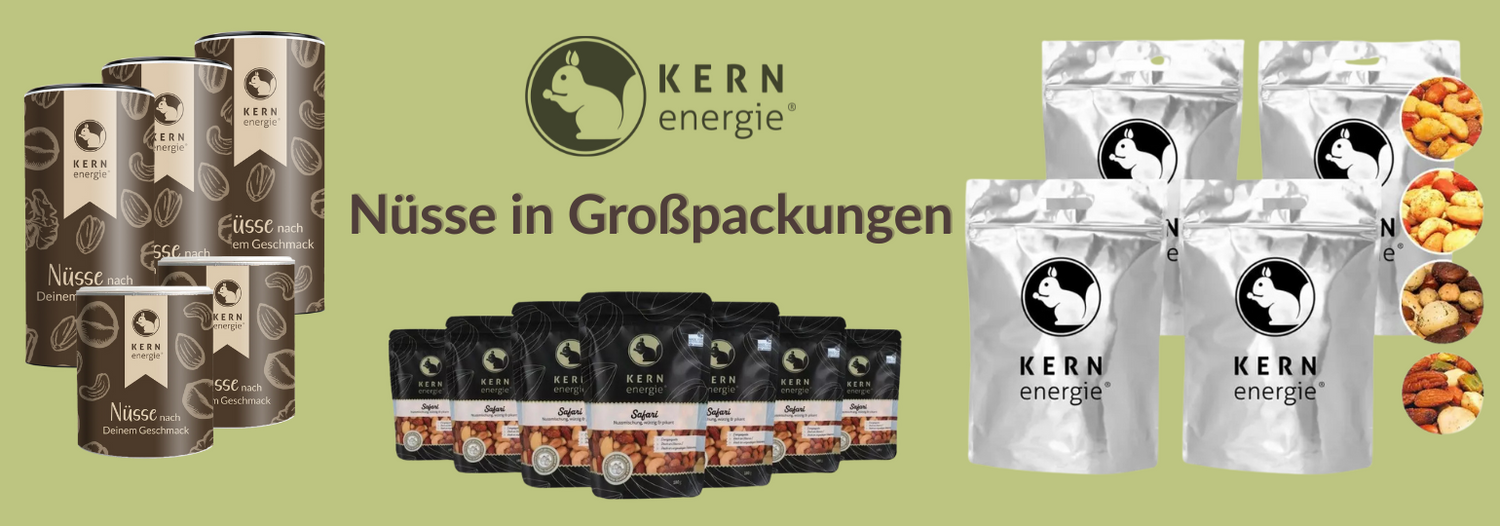 Nüsse in Großpackungen für Gewerbekunden: Pappdose, Standbodenbeutel und Alubag in hochwertiger KERNenergie-Qualität – ideal für Gastronomie, Hotels, Büros und Events.