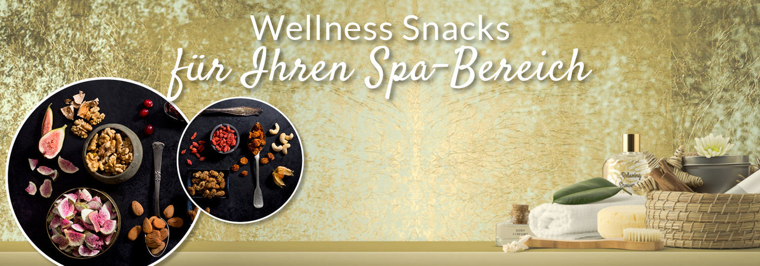 Erlesene Wellness Snacks im Spa-Bereich – KERNenergie Nüsse, Trockenfrüchte und Superfood-Mischungen stilvoll angerichtet, um Körper und Geist in der Winterzeit zu verwöhnen.