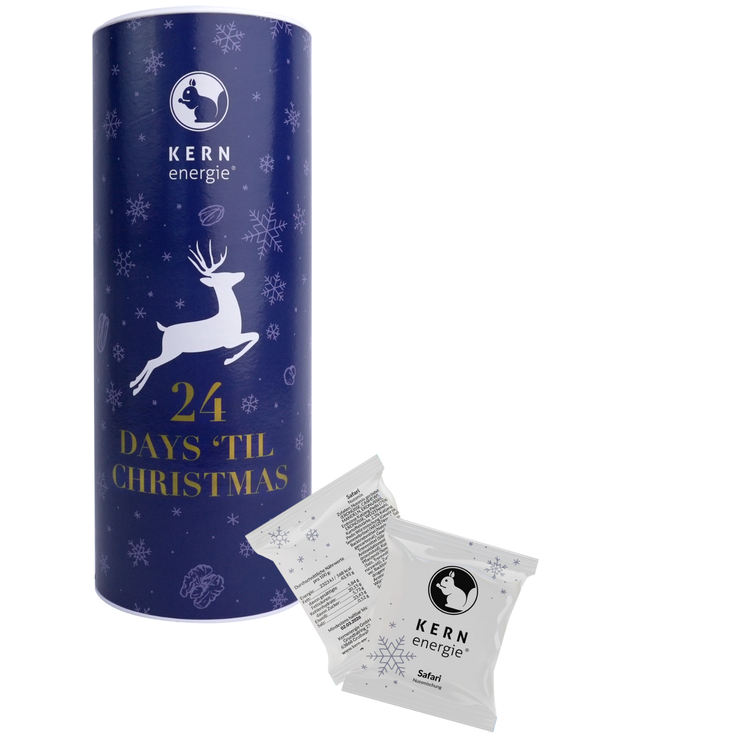 Nüsse als Werbegeschenk - 24 x ausgewählte Nussmischungen in der weihnachtlichen Pappdose - Ihr Logo und Gruß als Deckeleinleger - Firmen Weihnachtskalender