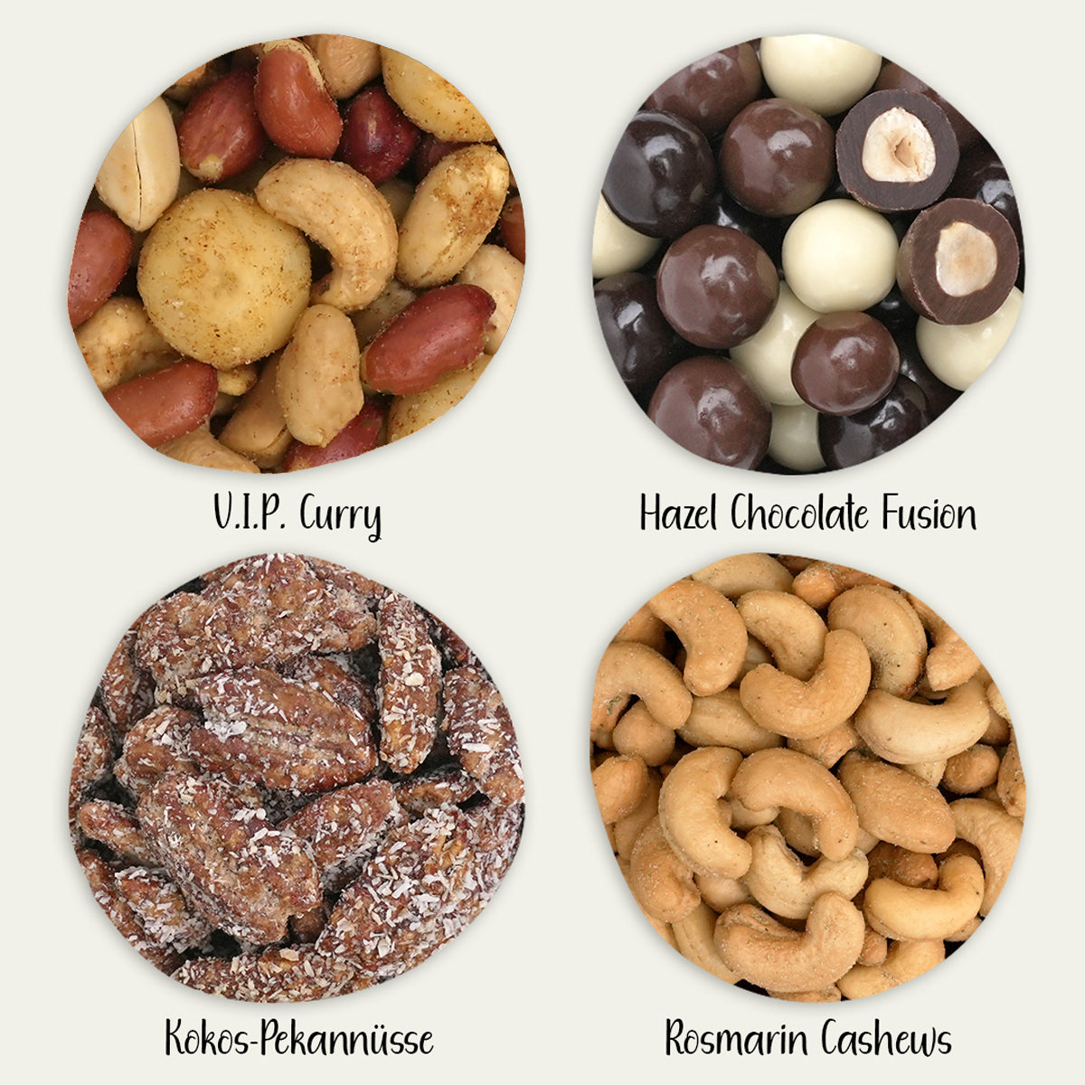 Nahaufnahme von Nussmichung, geröstet, gebrannt und schokolierten Nüssen