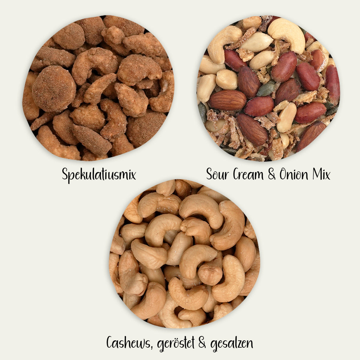 Gebrannte Nussmischung, geröstete und gewürzte Nussmischung und Cashewkerne