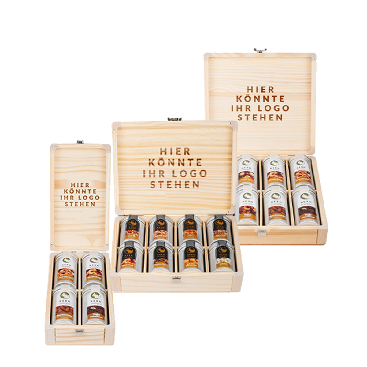 Geschenkidee Holzboxen mit Logo – hochwertige Firmengeschenke gefüllt mit Aludosen und Nüssen | Individuell gravierte Geschenkverpackung für Unternehmen