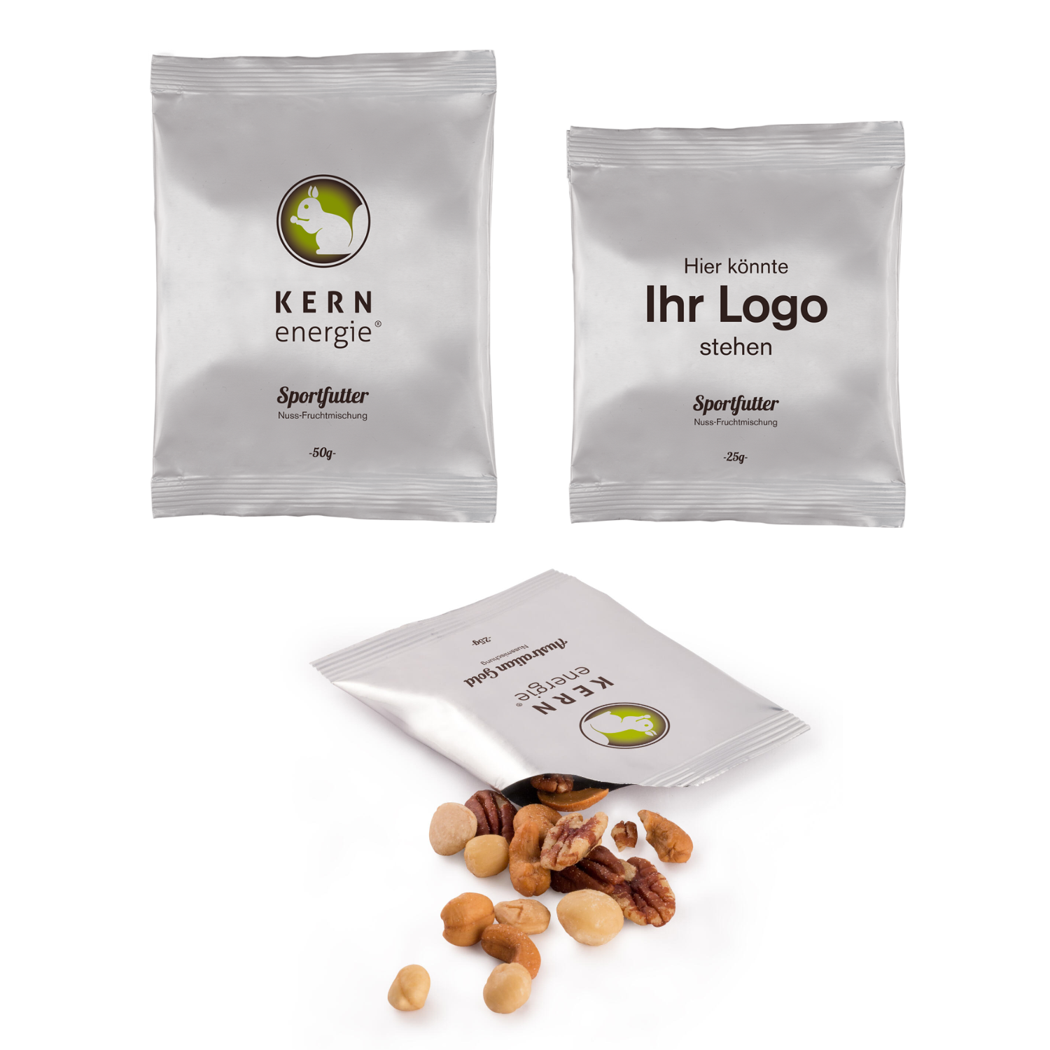 Nüsse als Werbeartikel mit Logo bedrucken. Flowpack-Verpackung mit Branding – praktische Portionseinheit als hochwertiger Werbeartikel für Firmen