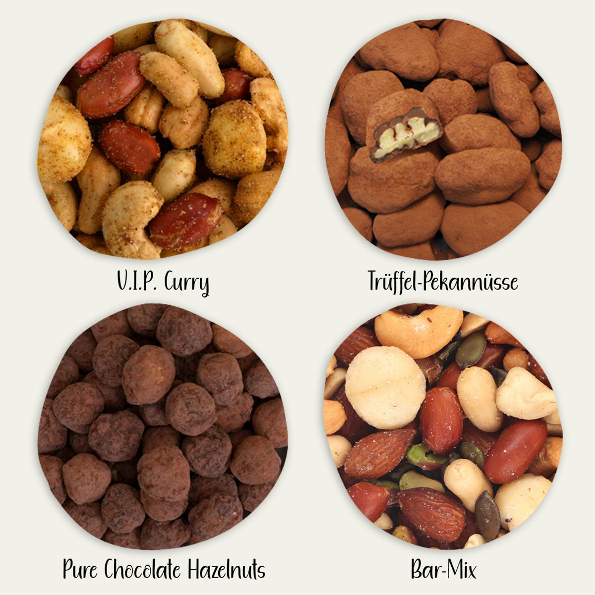 4 Nussmischungen V.I.P. Curry, Trüffelpekannüsse , Pure Chocolate Hazenuts, Bar-Mix