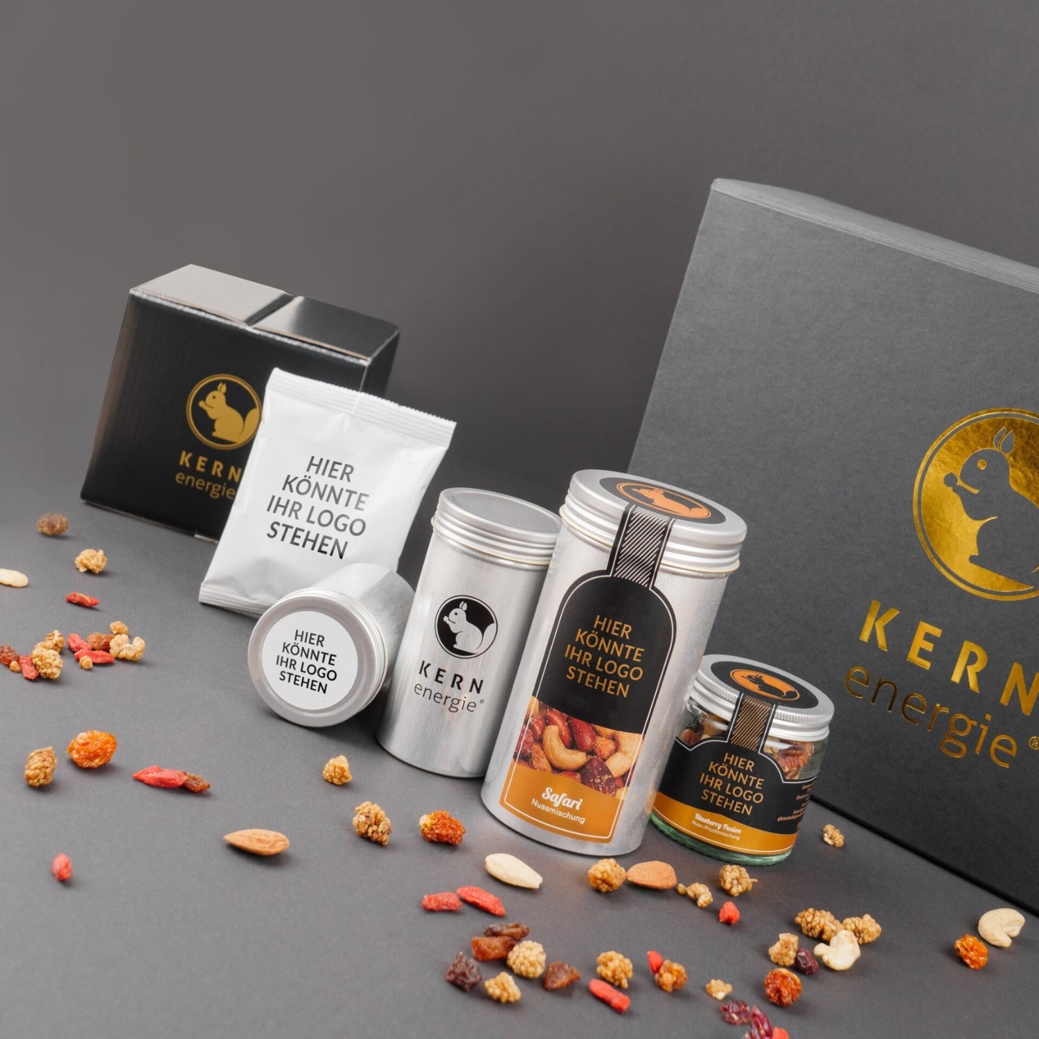 Kundengeschenke mit Logo für Firmen – hochwertige Nüsse und Schokolade als personalisierte Werbeartikel zur Kundenbindung und Markenpräsentation