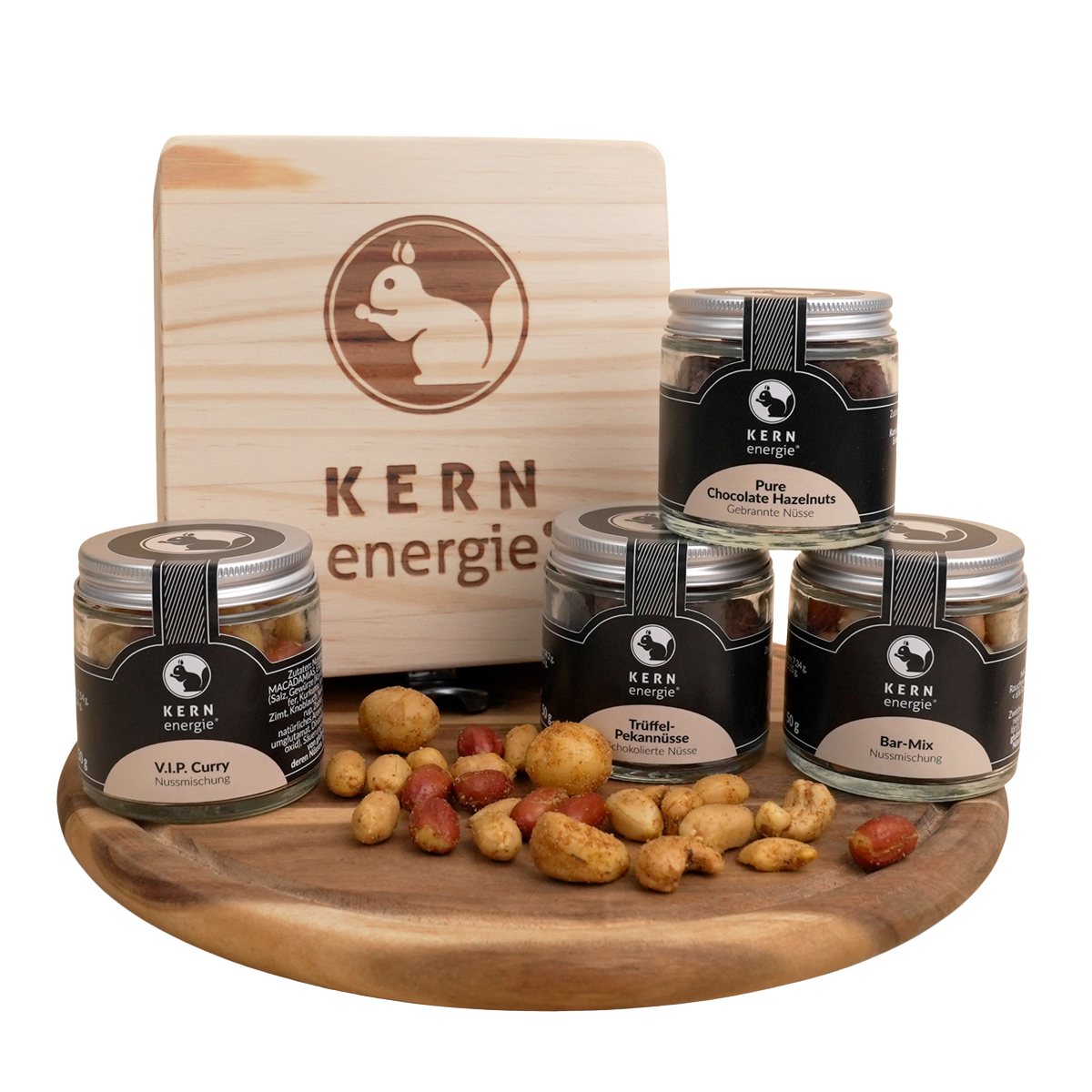 Geschenkset in Holzbox – 4 Nussmischungen im Glas
