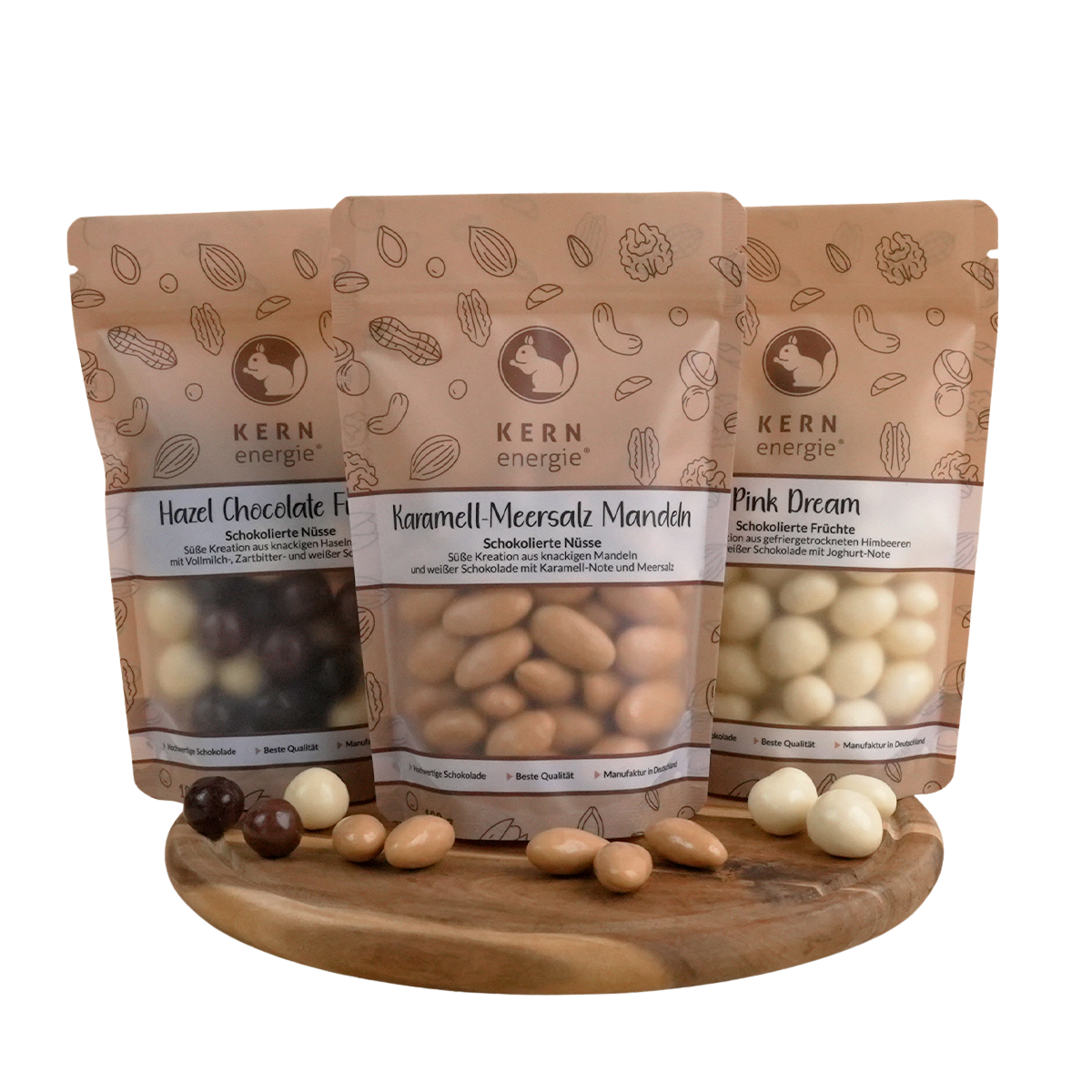 KERNenergie Standbodenbeutel gefüllt mit schokolierten Nüssen, Set
