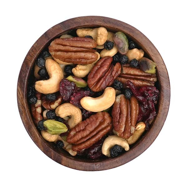 Nuss-Frucht-Mischung Blueberry Fusion mit Pekannüssen, Cashews, Pistazien, Blaubeeren und Cranberries in Holzschale