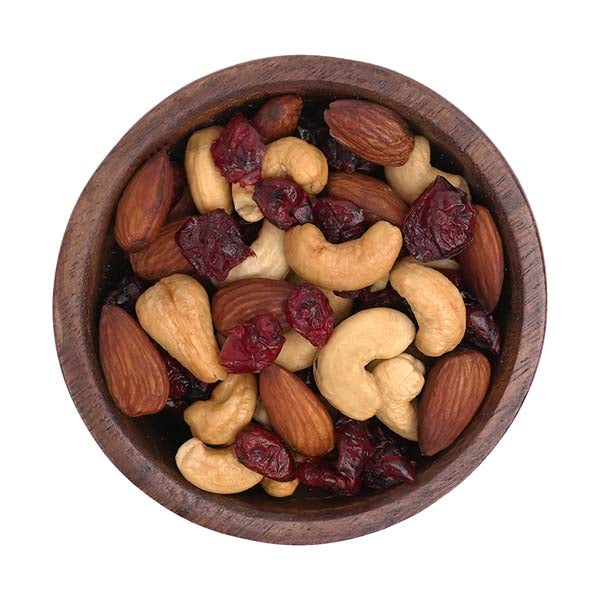 Nuss-Frucht-Mischung Moulin Rouge mit Mandeln, Cashews, und Cranberries in Holzschale