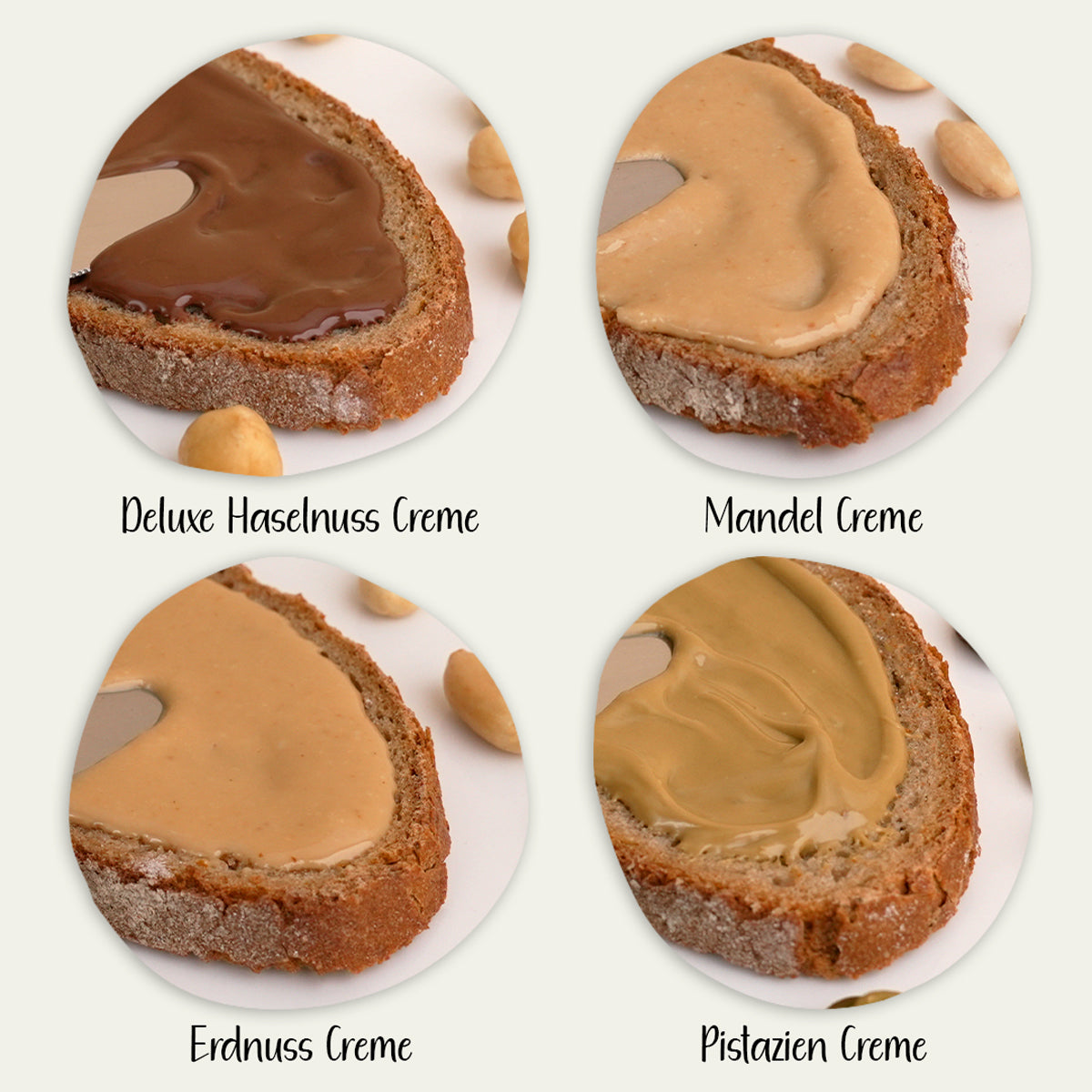 Best of Set unserer hochwertigen Nusscremes, Deluxe Haselnuss Creme, Mandel Creme, Erdnuss Creme, Pistazien Creme