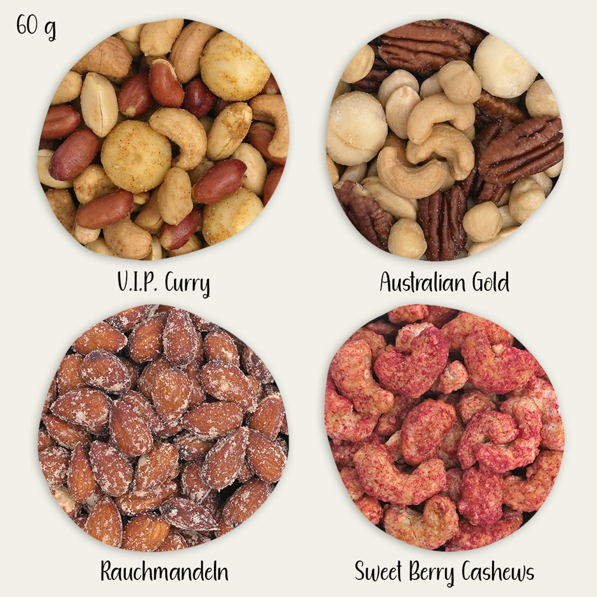 Nussmischungen, gebrannte Nüsse und geröstete & gewürzte Nüsse als Nahaufnahme