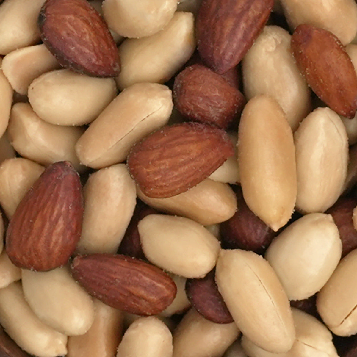 Nahaufnahme Nussmischung "Old Country" aus Erdnüssen und Rauchmandeln mit hochwertigen Ölen verfeinert und mit Meersalz gewürzt