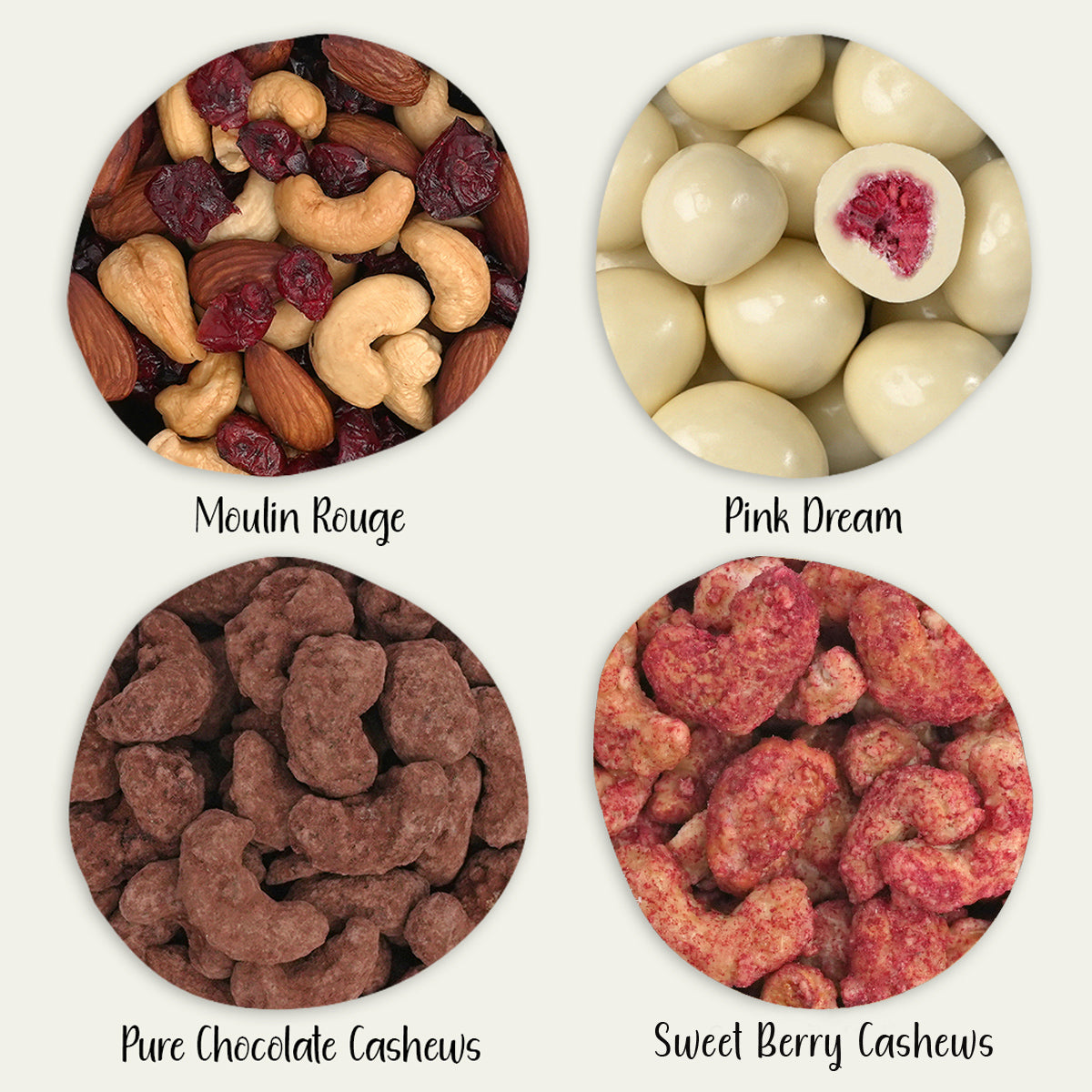 Gebrannte Cashews, schokolierte Himbeeren und eine Nussmischung als Nahaufnahmen