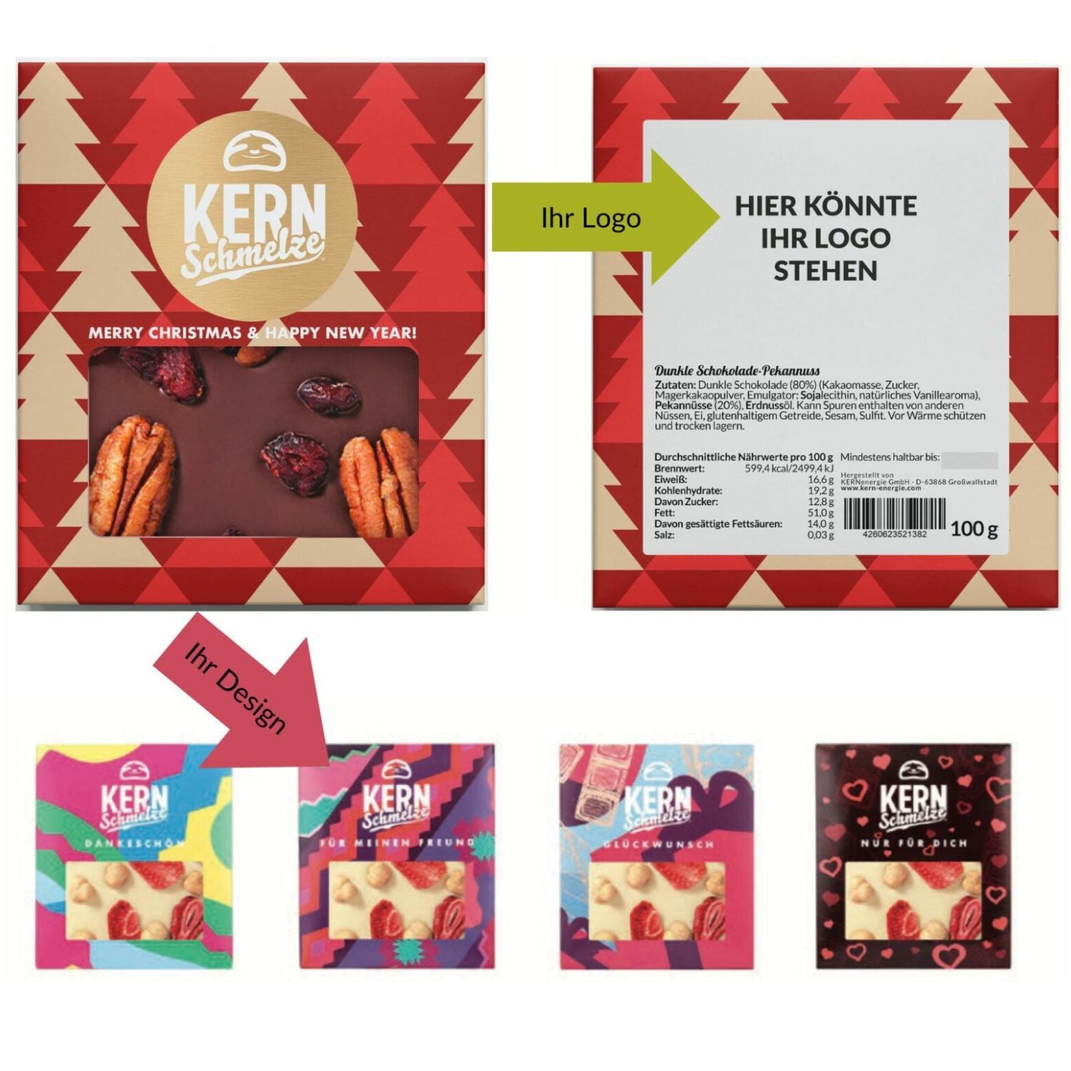 100g Schokoladentafel mit verschiedenen Designs und Logo bedrucken – individuell gestaltbare Werbeschokolade für Firmen, ideal als Geschenk für Kunden und Mitarbeitende