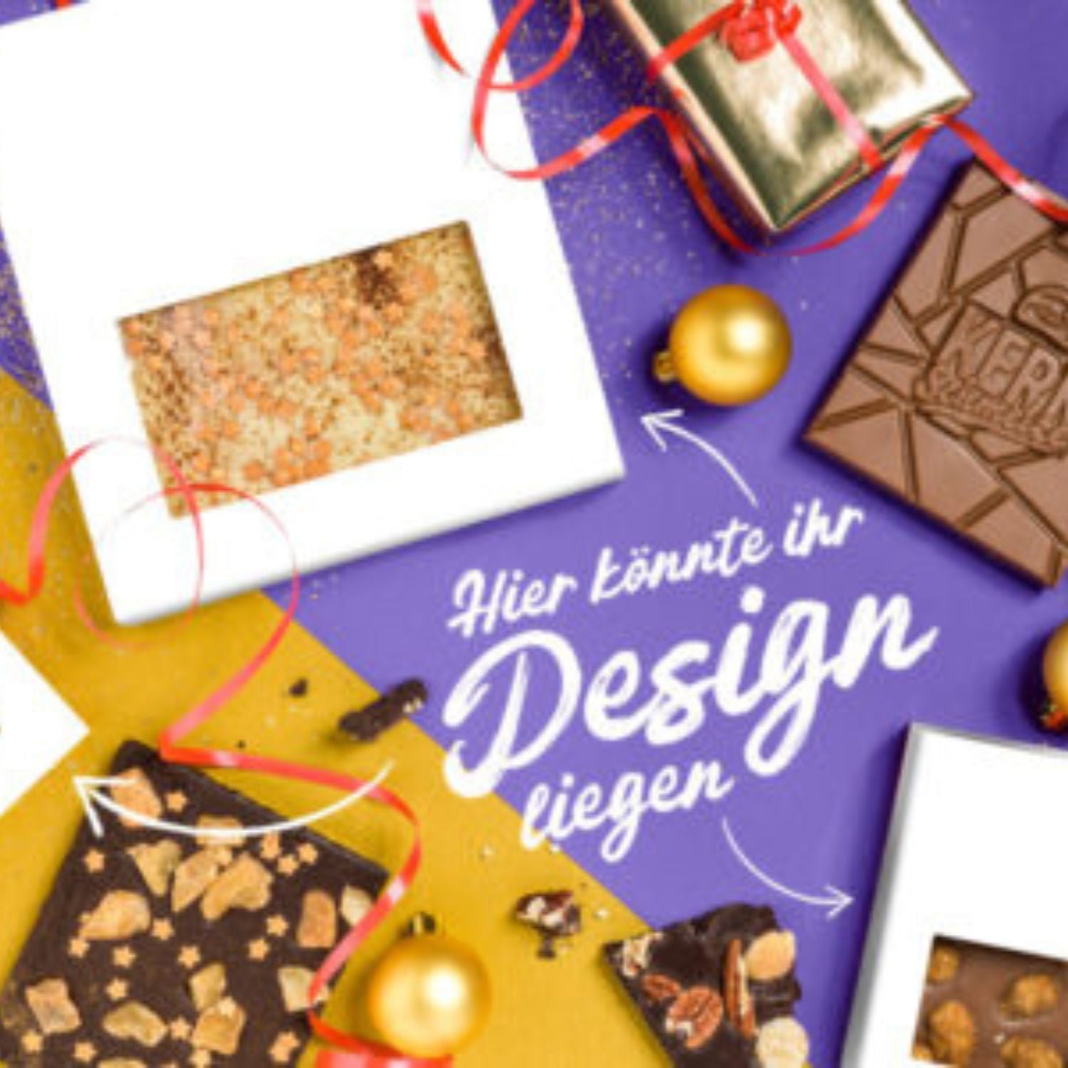 Schokolade mit dem Hinweis ‚Hier könnte Ihr Design stehen‘ – individualisierbare Verpackung für personalisierte Werbeschokolade mit Firmenlogo oder eigenem Design
