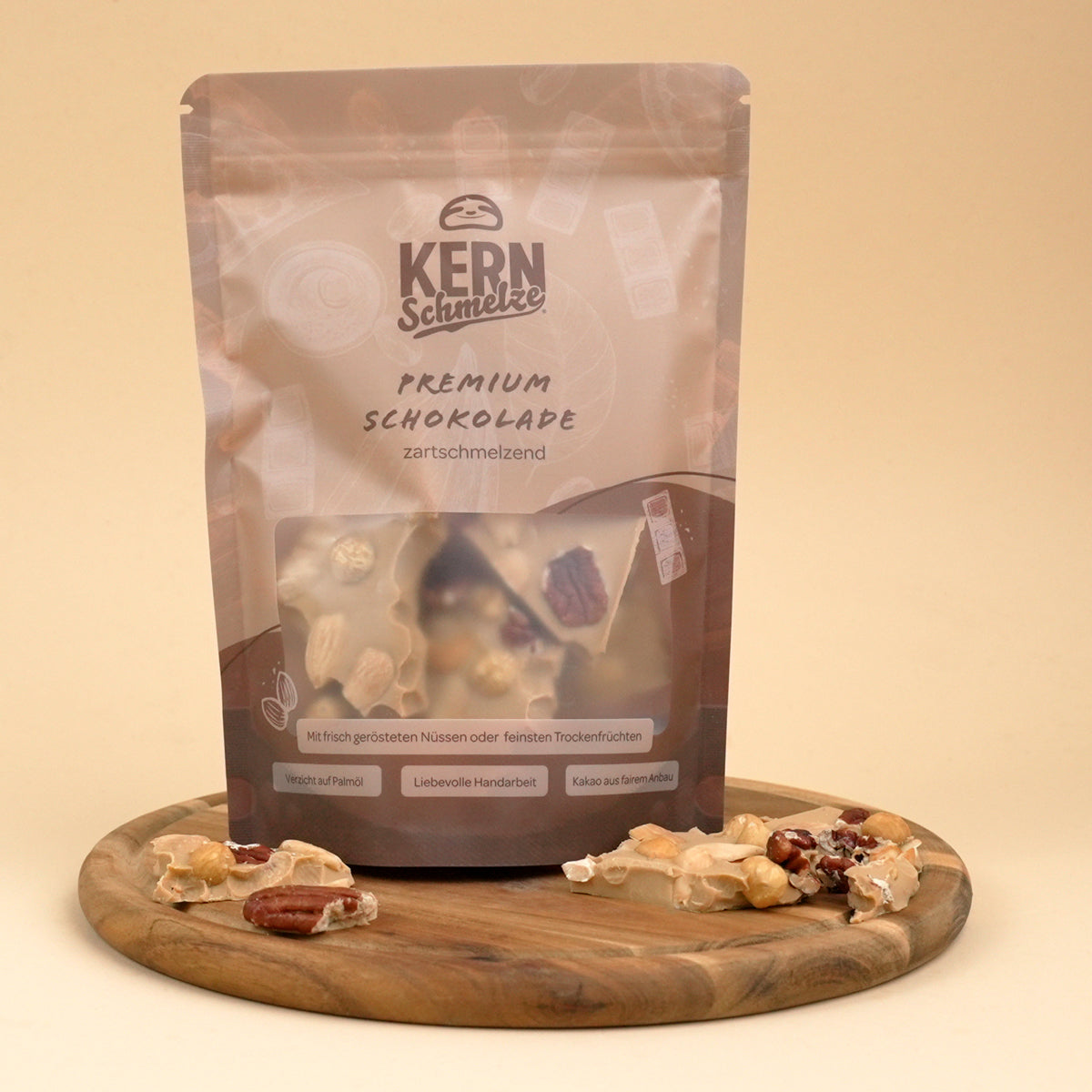 Bruchschokolade–Karamellschokolade mit Australian Gold frisch gerösteten Nüssen, mit echtem Karamell und ohne Palmöl