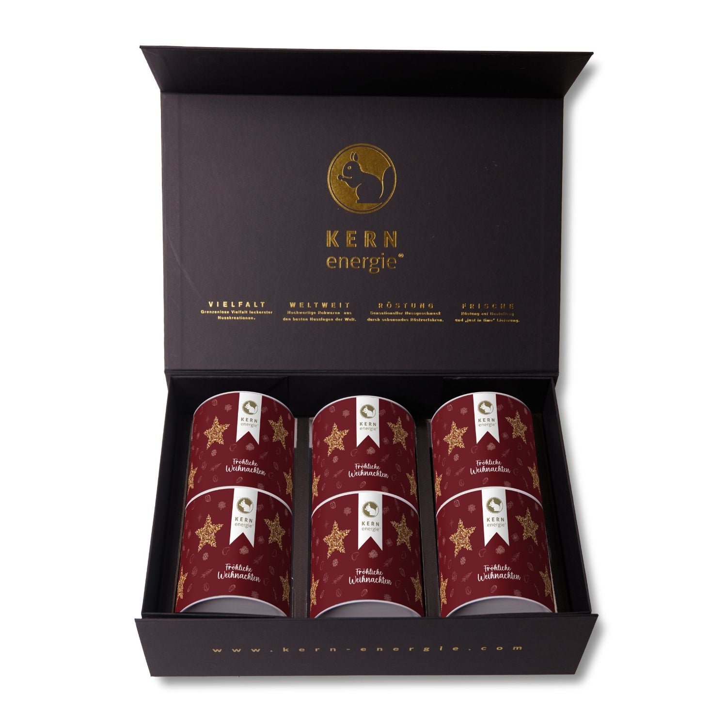 Weihnachtlich gestaltete Pappdosen als stilvolle Weihnachtsgeschenke für Kunden – hochwertig verpackte Genussmomente mit individuellen Nuss- und Schokoladenspezialitäten