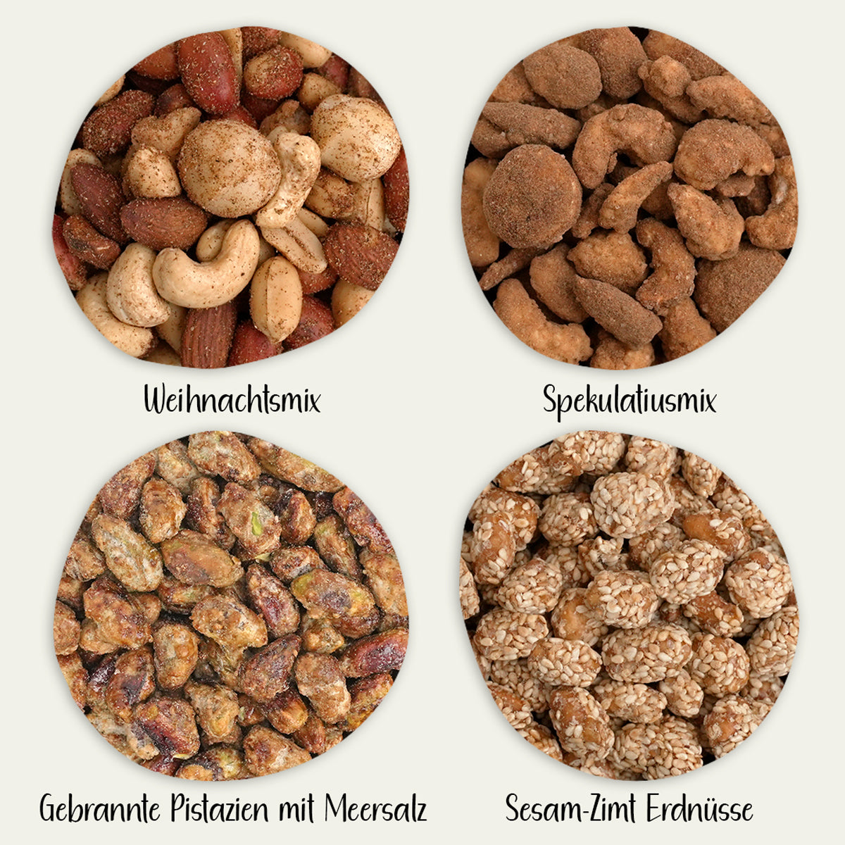 Nahaufnahme von Karamell-Sesam-Erdnüssen, Spekulatiusmix, Weihnachtsmix und Gebrannten Pistazien mit Meersalz