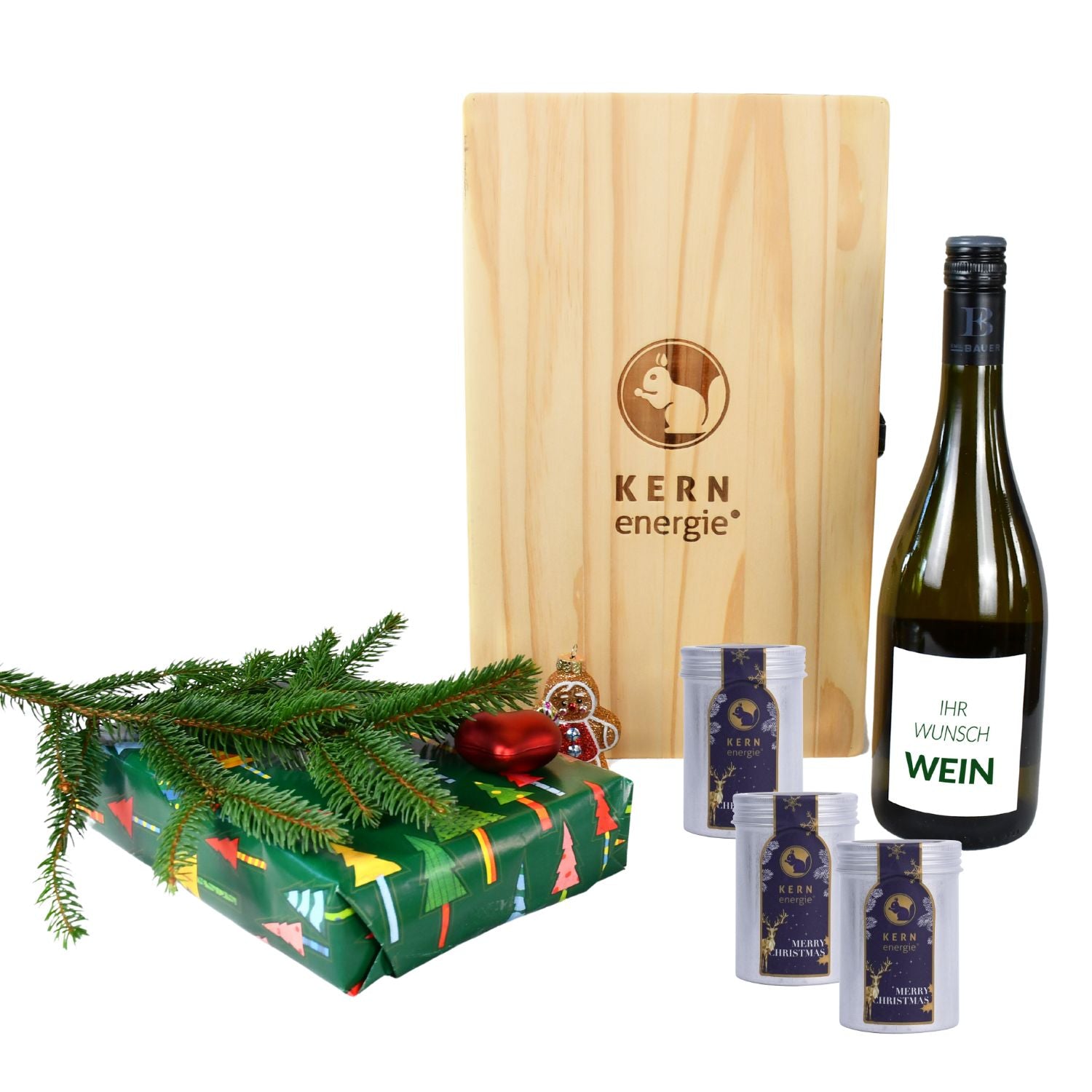 Weihnachtsgeschenke für Kunden – edles Präsent mit Wein und Nüssen in einer individuell brandbaren Holzbox für eine nachhaltige Kundenbindung.