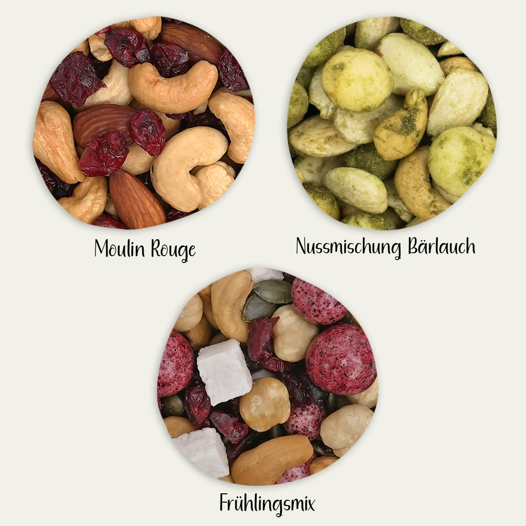 übersicht von Nuss und Fruchtmischung, Nüssen mit Bärlauch Gewürz und Nussmischung mit Schokolierten Früchten und getrocknete Früchte