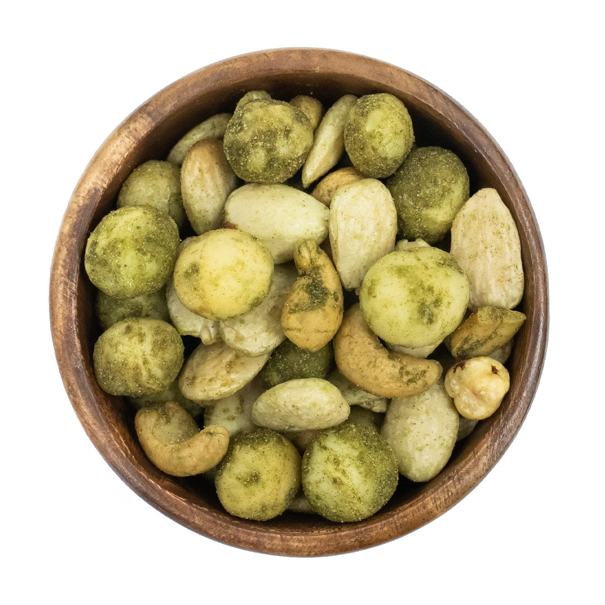 Vogelperspektive Nussmischung mit Bärlauch Gewürz in Holzschale