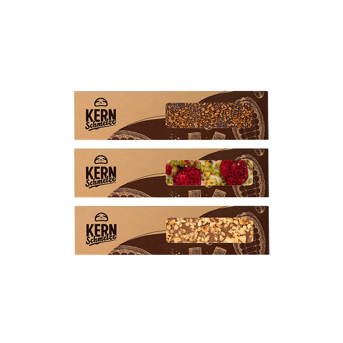 Riegel-Auswahl: Drei verschiedene Nussriegel von KERNenergie in der Produktübersicht.