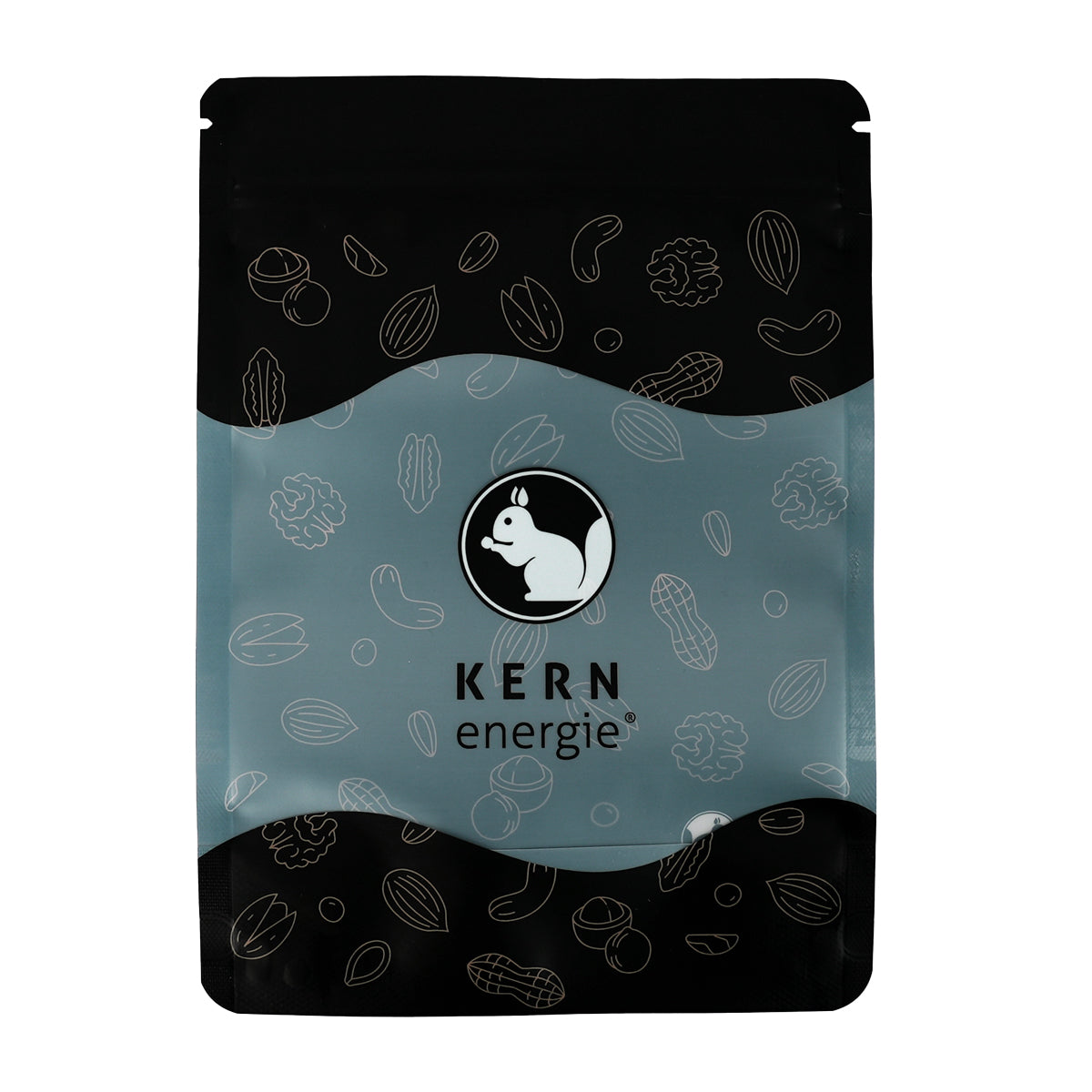 Schwarzer Snackbeutel mit Nüssen und Kernenergie Logo