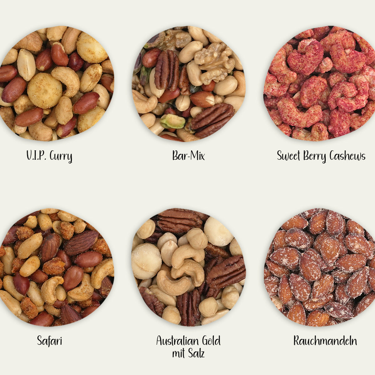 Draufsicht auf sechs Kreise mit unterschiedlichen Nussmischungen und Kernen von KERNenergie.
