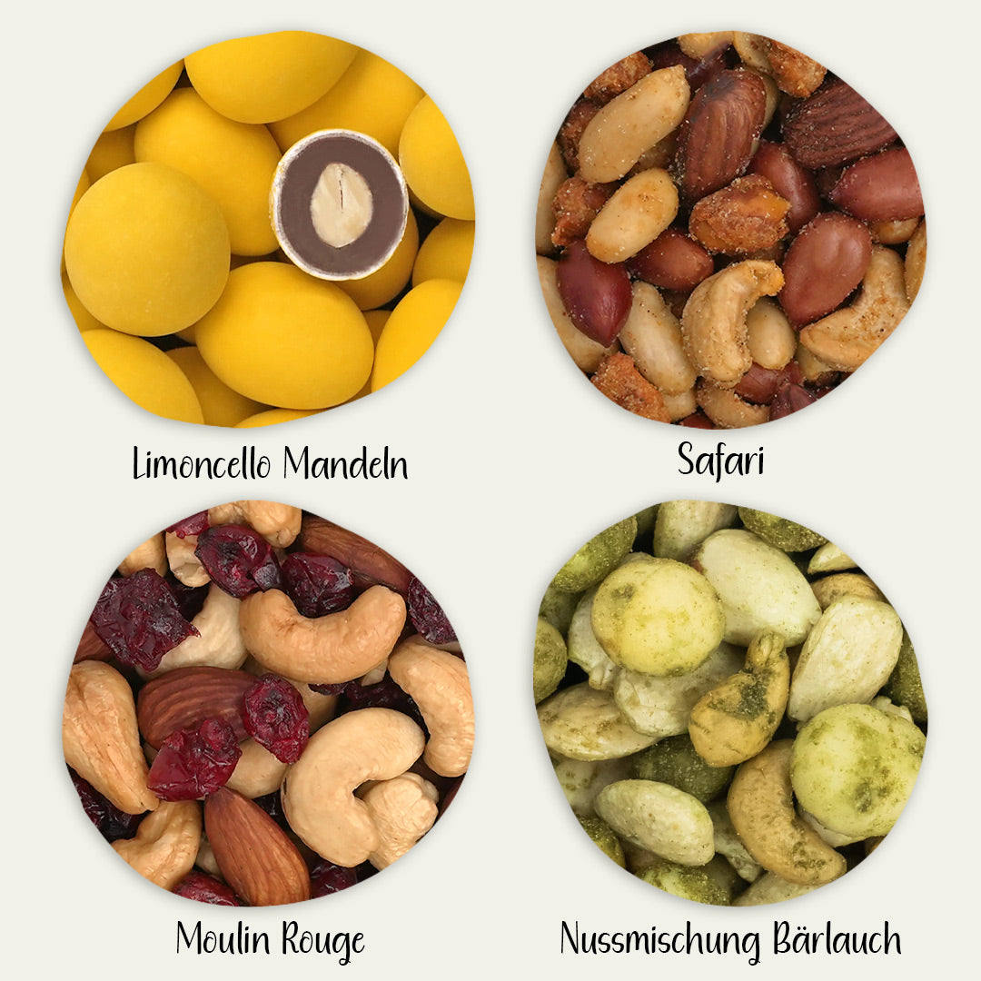 Übersicht von nuss-frucht-Mischungen: Limoncello Mandeln, safari gewürz Nussmischung und Nussischung Bärlauch