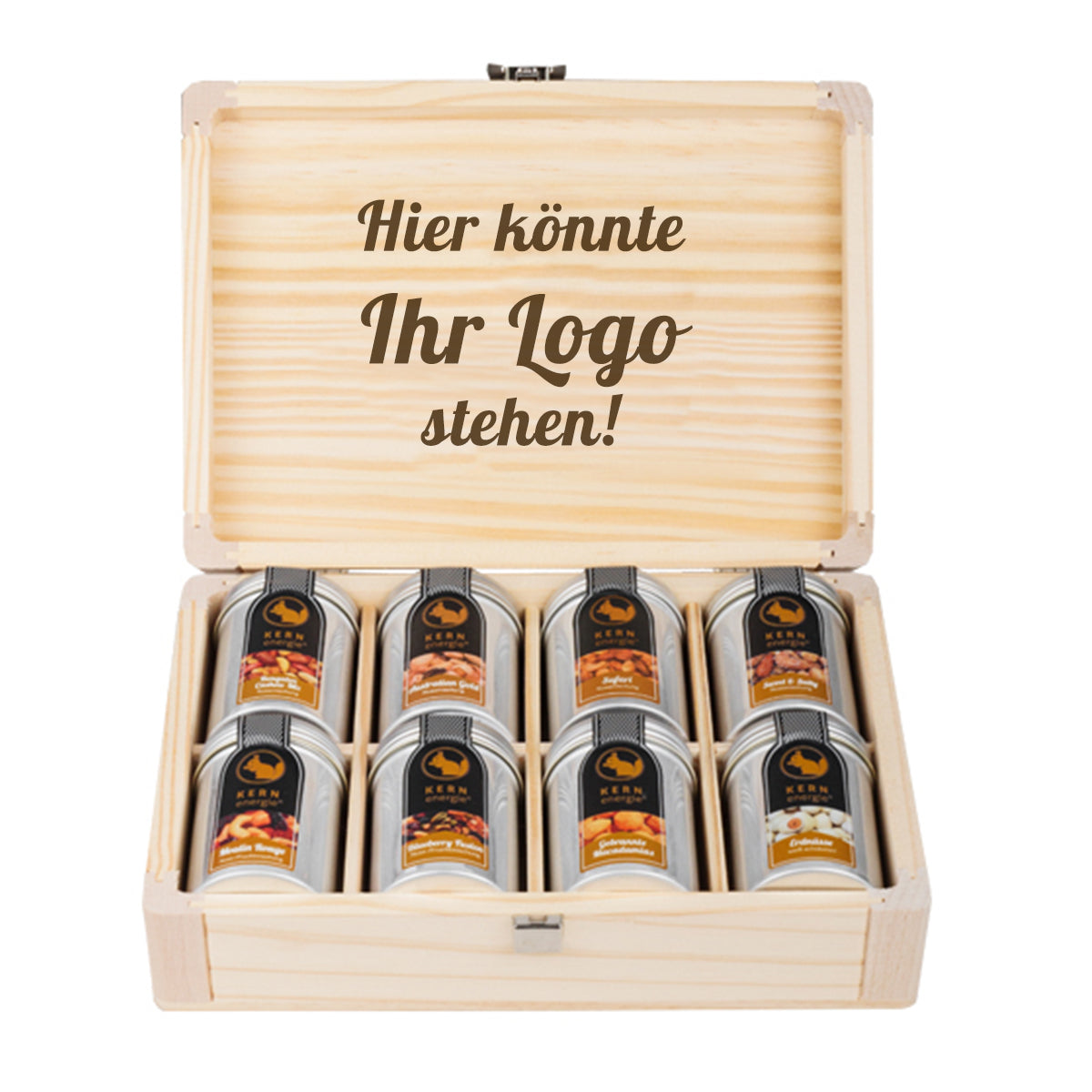 Individualisierbare Holzbox mit edlen Nüssen als exklusives Geschenk zum Firmenjubiläum – stilvolle Geschenkidee für Jubiläumsgeschenke im Unternehmen.