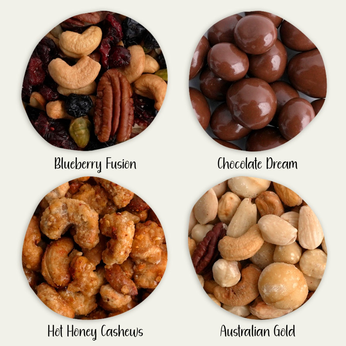 Geschenkset Herzensmensch–4 Nuss- & Schoko-Mischungen,u.a.Blueberry Fusion,Chocolate Dream,Hot Honey Cashews