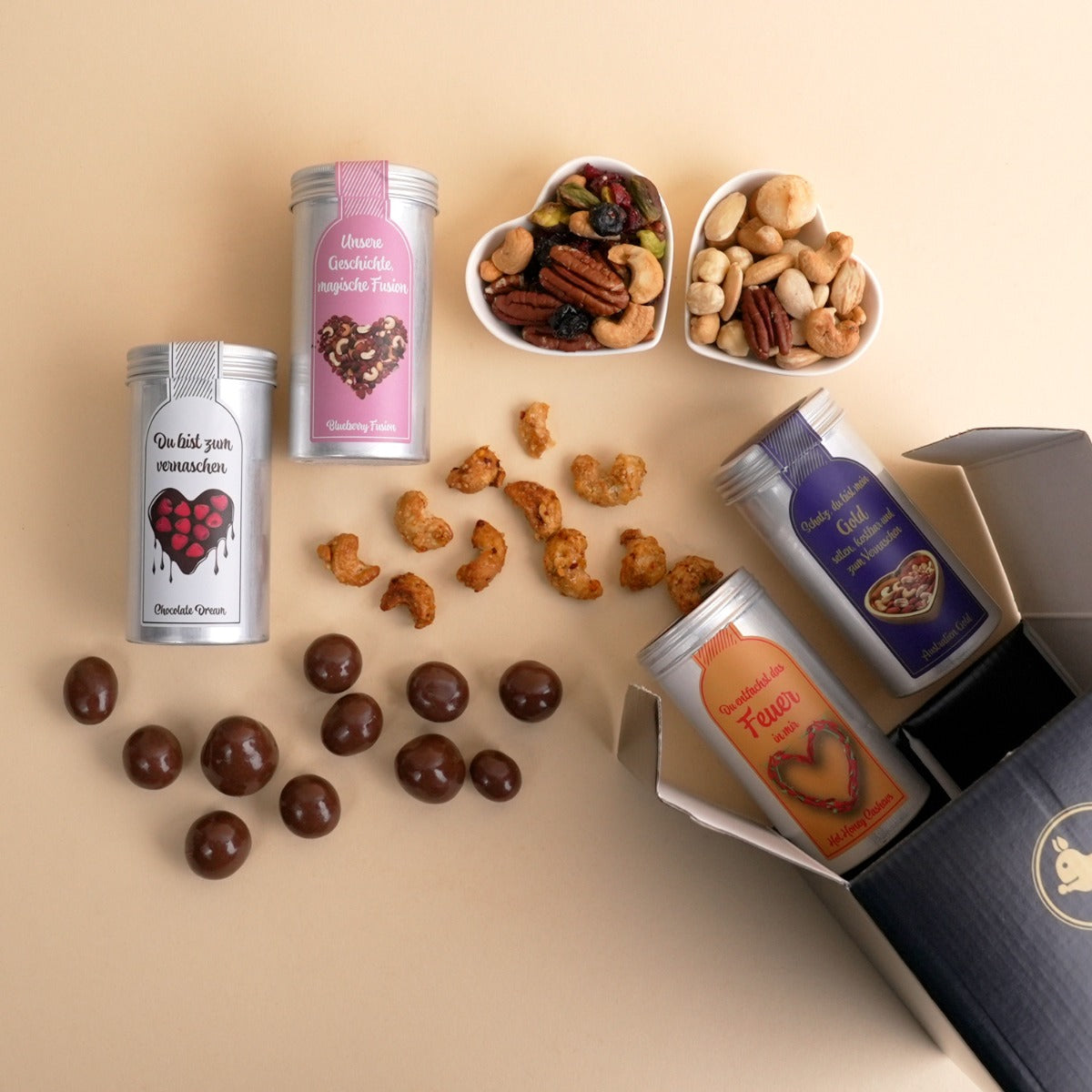 Geschenkset Herzensmensch–4 Nuss- & Schoko-Mischungen,u.a.Blueberry Fusion,Chocolate Dream,Hot Honey Cashews