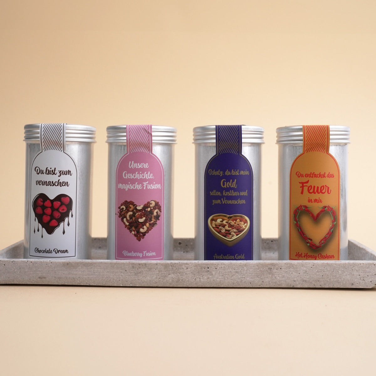 Geschenkset Herzensmensch–4 Nuss- & Schoko-Mischungen,u.a.Blueberry Fusion,Chocolate Dream,Hot Honey Cashews