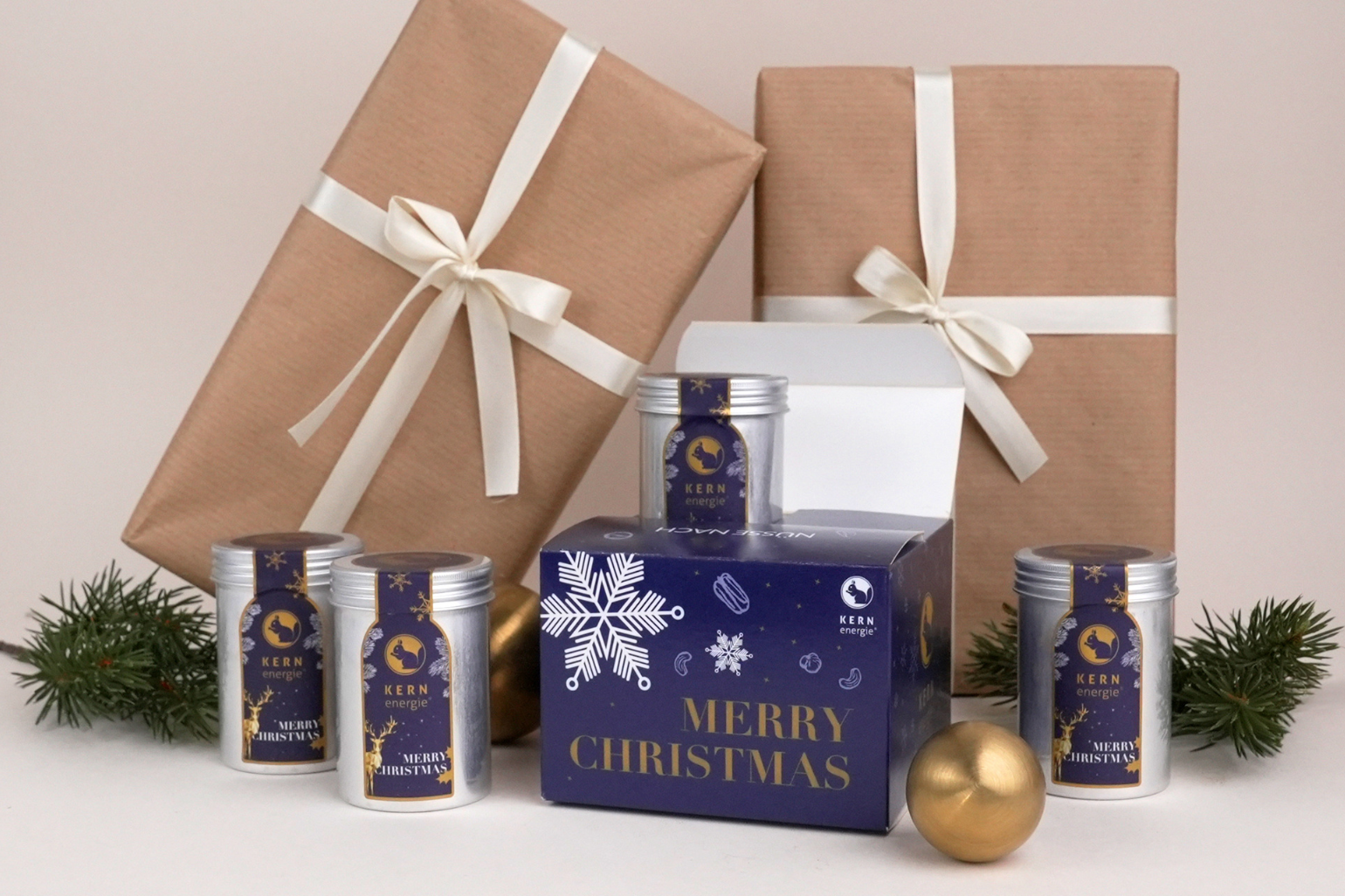 Aludosen mit Nüssen im festlichen Weihnachtsgeschenkkarton 2025 – perfektes Nikolausgeschenk für Mitarbeiter und kleine Aufmerksamkeit für Geschäftspartner.