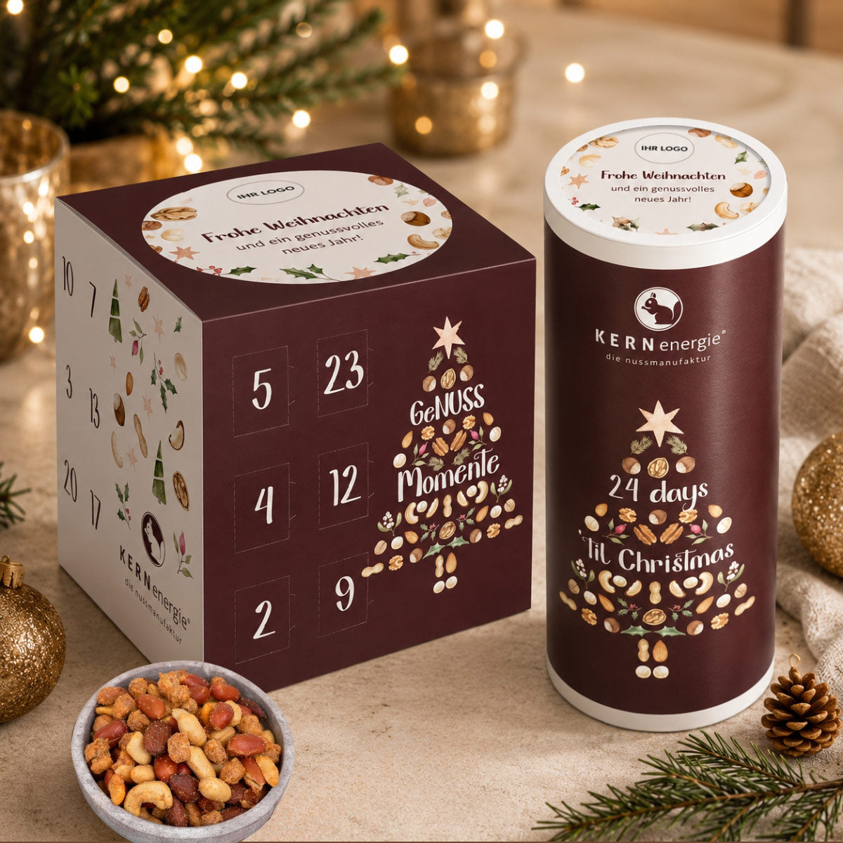 Adventskalender 2026 Nüsse von KERNenergie – Nuss Adventskalender als Kunden Weihnachtsgeschenke, Werbegeschenke für Mitarbeiter und Geschäftspartner, Werbegeschenke Weihnachten, Adventskalender für Mitarbeitende, Nüsse Adventskalender, personalisiertes Werbegeschenk mit Logo.