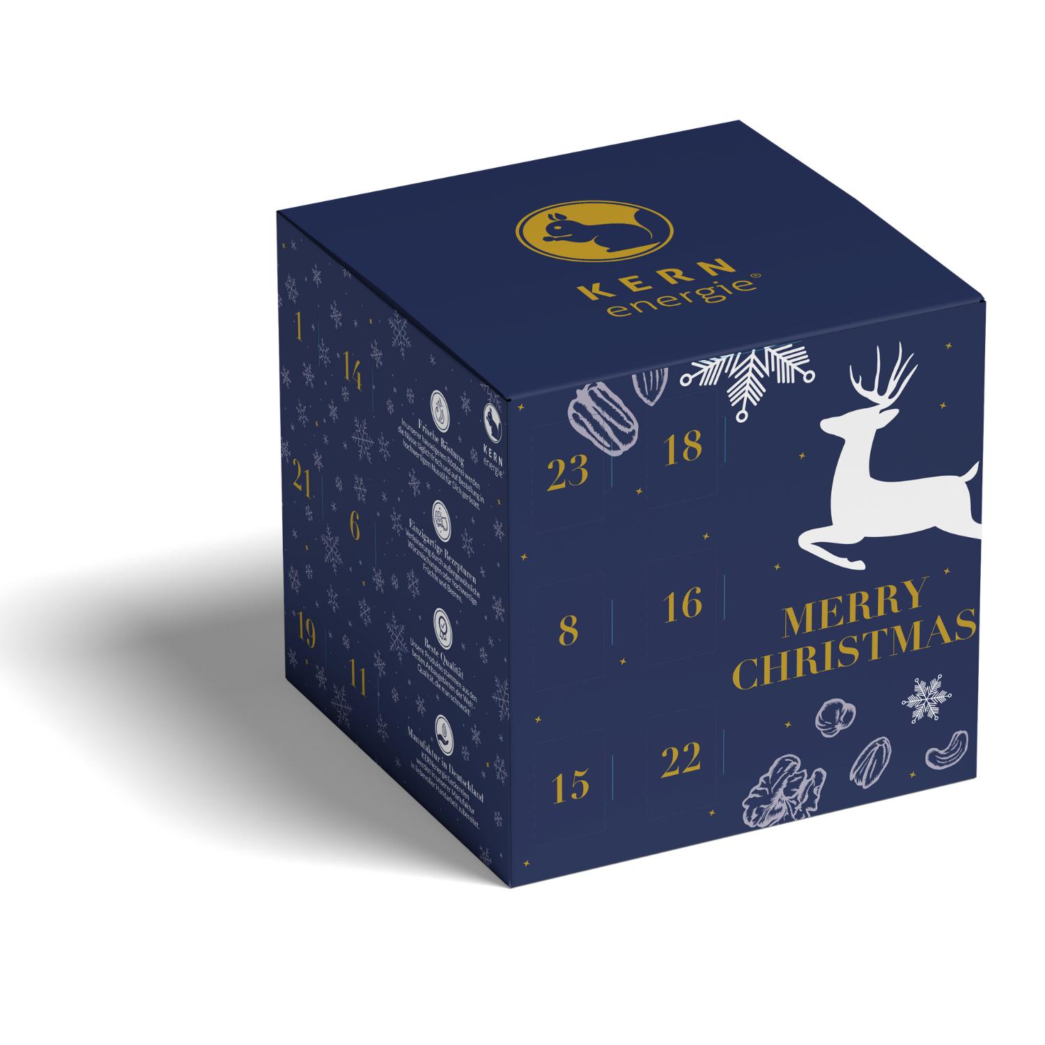Adventskalender als Werbeartikel mit Ihrem Logo personalisiert - gefüllt mit Nüssen wie gebrannten Mandeln und vielen weiteren leckeren Nussmischungen.