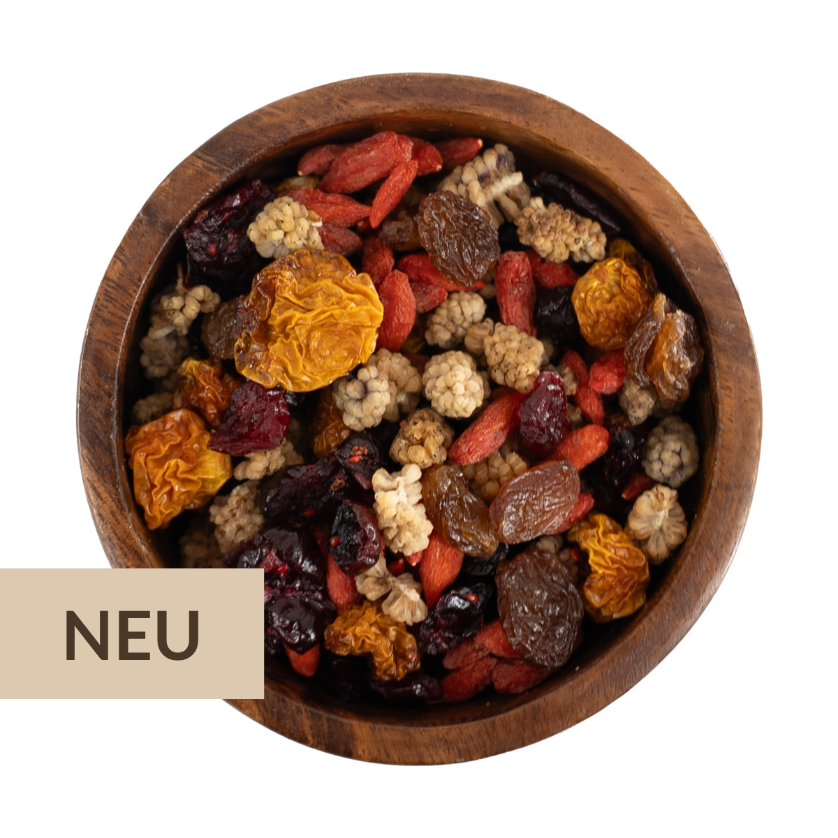Power Berry Mix mit Gojibeeren, Maulbeeren, Physalis, Sultaninen und Cranberries in Holzschale