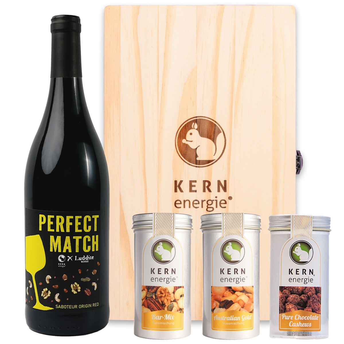 Perfect Match Wein&Nuss Set Holzbox–u.a.Rotwein Perfect Match Wein,Bar-Mix,Pure Chocolate Cashews,Moulin Rouge