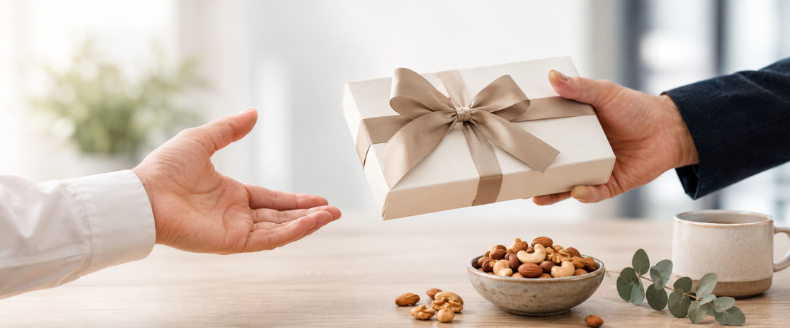 Hochwertiges Kundengeschenk mit Nüssen wird überreicht und symbolisiert Wertschätzung, Kundenbindung und den Aufbau langfristiger Geschäftsbeziehungen im B2B-Bereich.