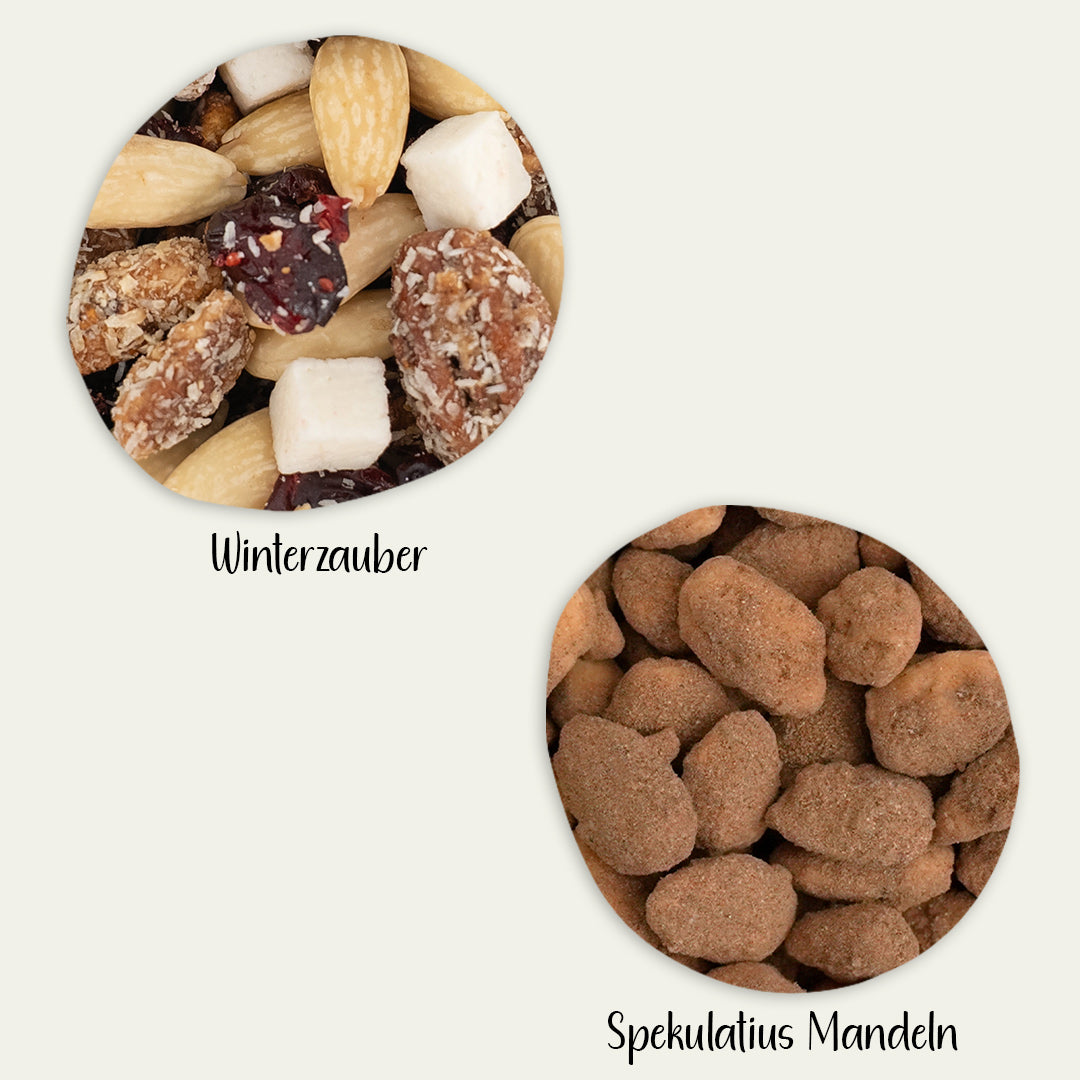 Nahaufnahmen von gebrannten Mandeln und Nuss-Frucht-Mischung