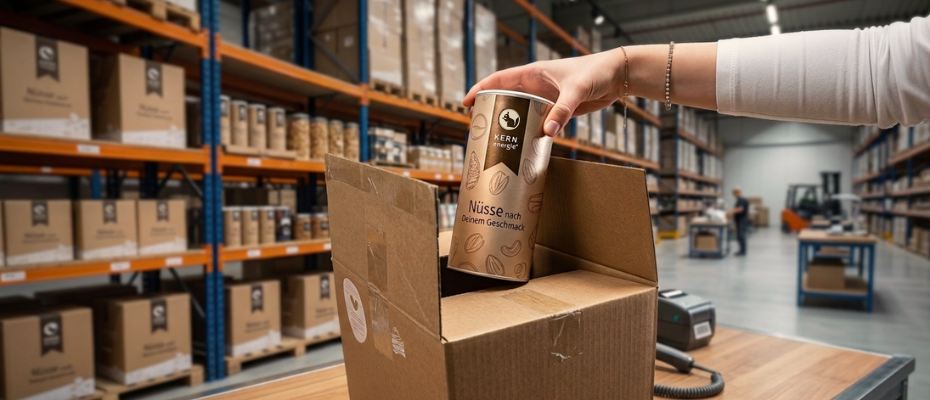 KERNenergie Dose wird im Lager in Karton verpackt