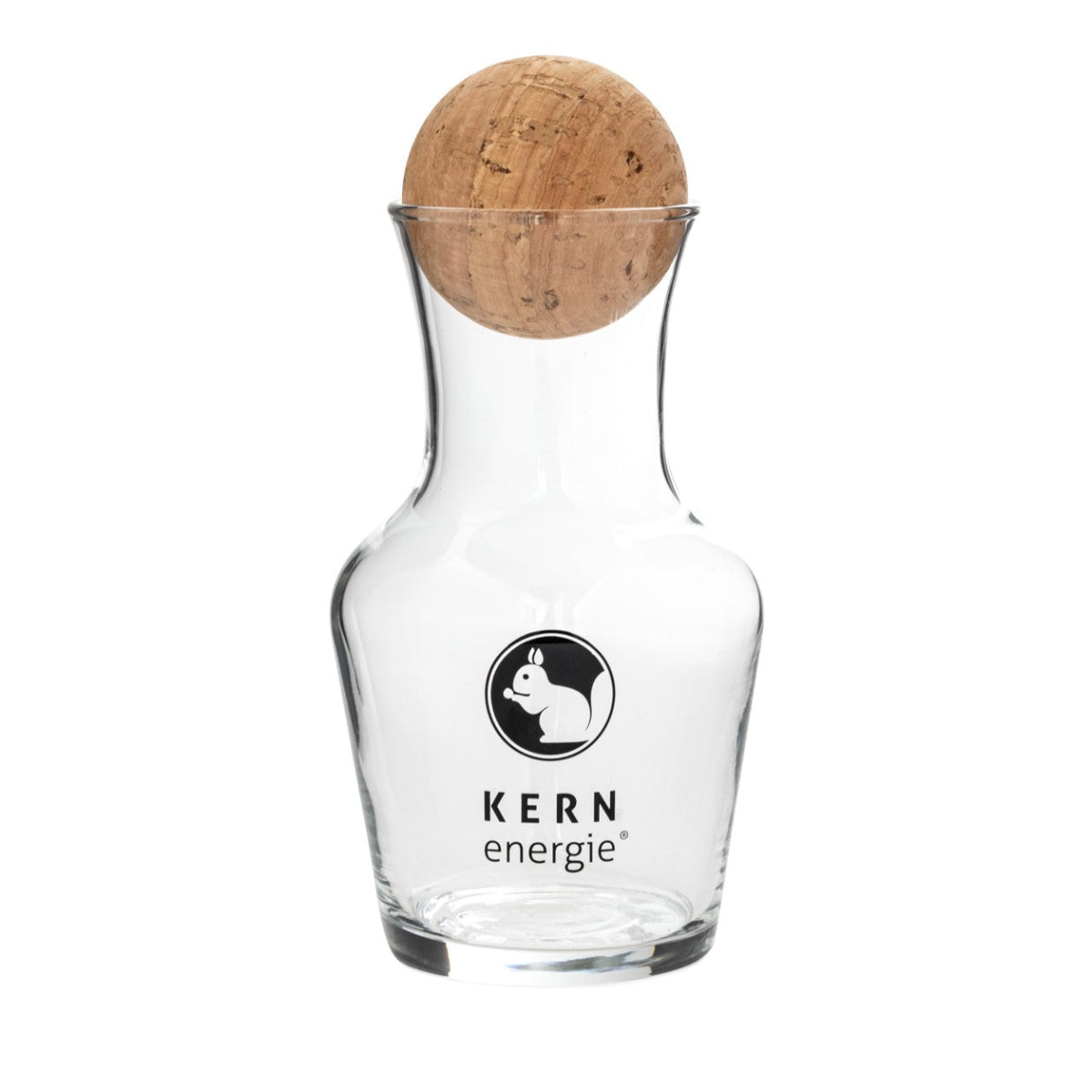 Exklusiver KERNenergie Dekante  mit Logo in schwarz aufgedruckt  und Korken.